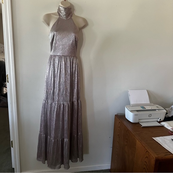 AQUA METALLIC MOCK NECK EVENING DRESS (AAAA) - Picture 4 of 8